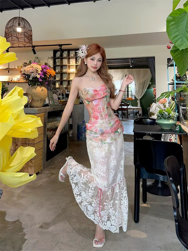 Elegant Mesh Floral Corset Top and Lace Midi Skirt Two Piece Set