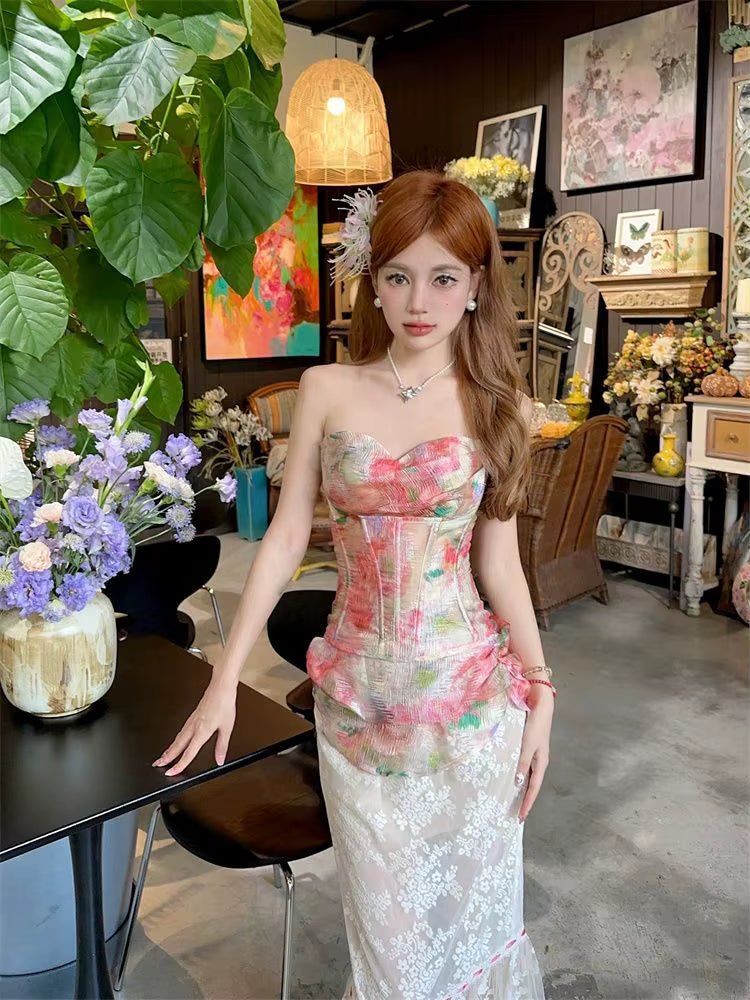 Elegant Mesh Floral Corset Top and Lace Midi Skirt Two Piece Set