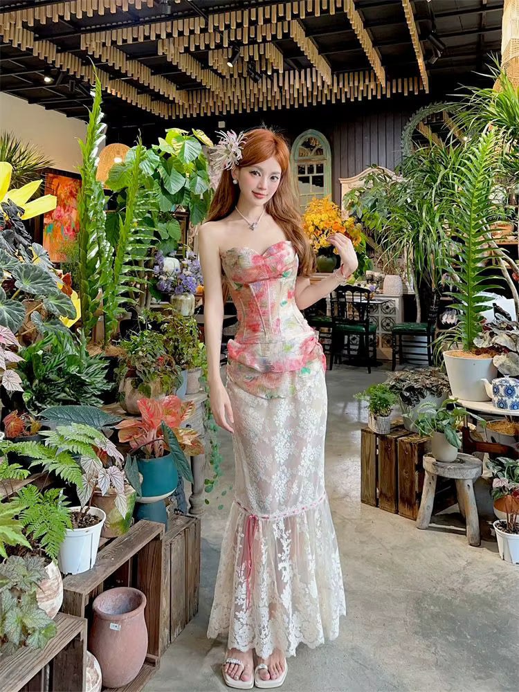 Elegant Mesh Floral Corset Top and Lace Midi Skirt Two Piece Set