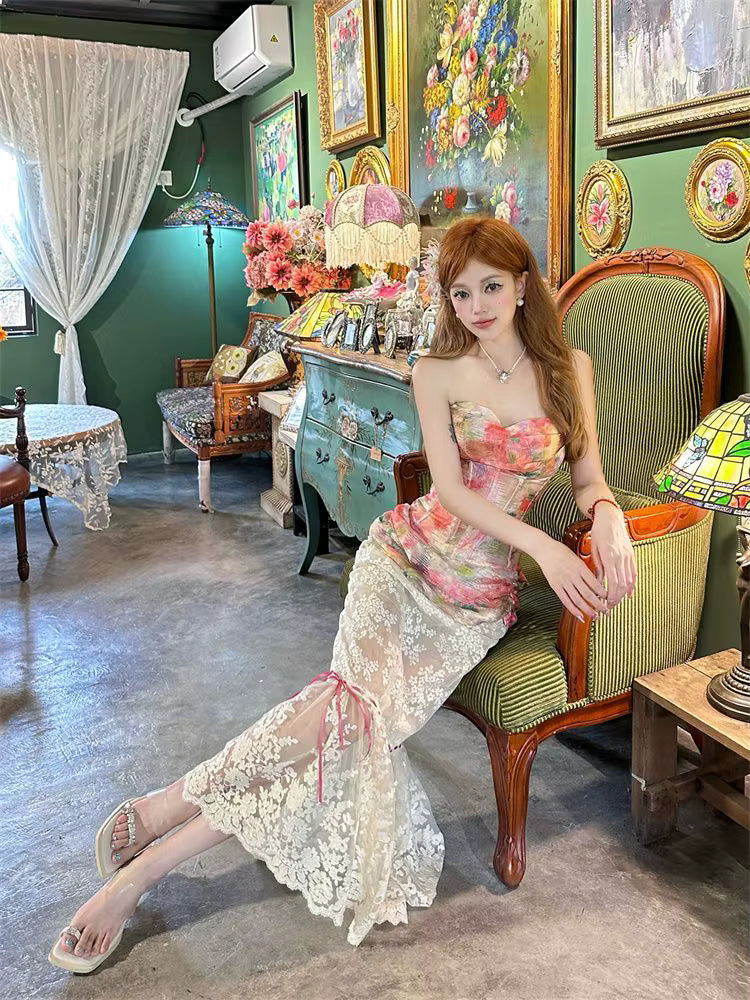 Elegant Mesh Floral Corset Top and Lace Midi Skirt Two Piece Set