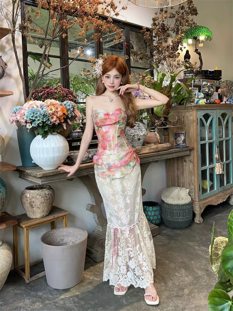 Elegant Mesh Floral Corset Top and Lace Midi Skirt Two Piece Set