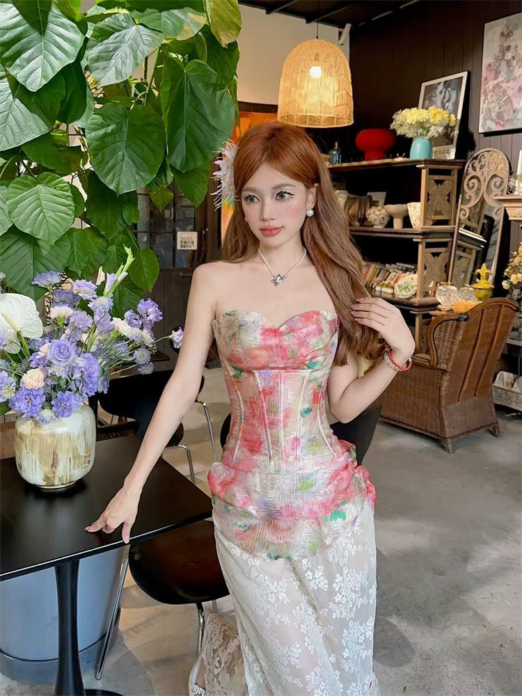 Elegant Mesh Floral Corset Top and Lace Midi Skirt Two Piece Set