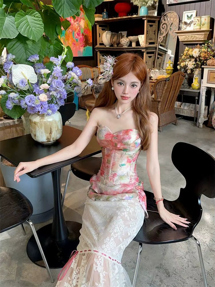 Elegant Mesh Floral Corset Top and Lace Midi Skirt Two Piece Set