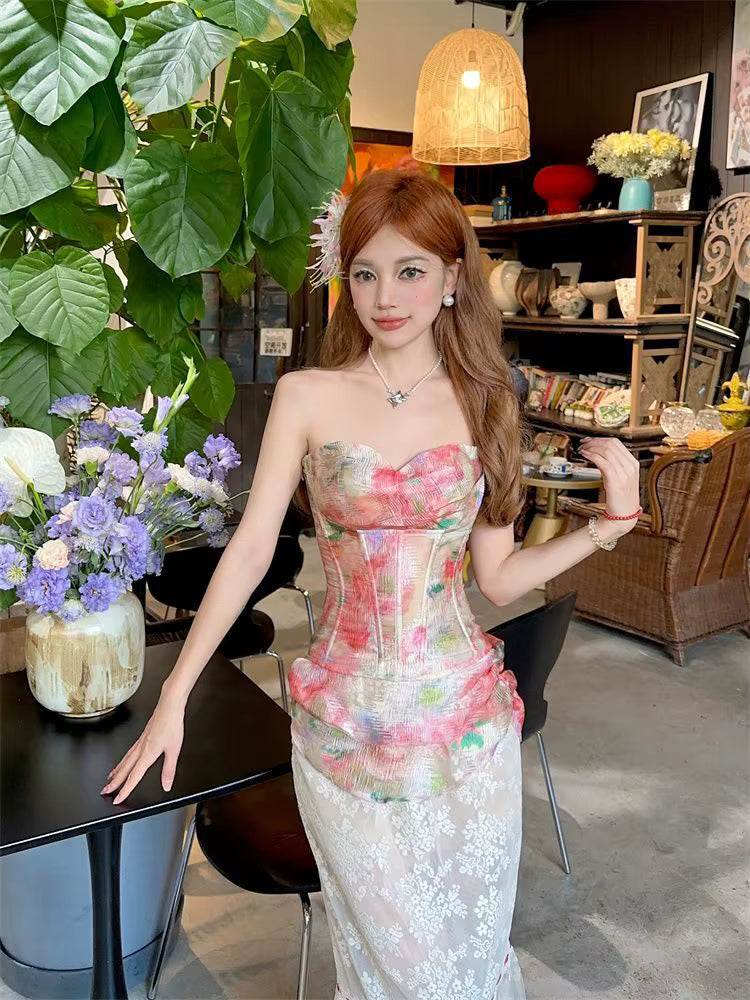 Elegant Mesh Floral Corset Top and Lace Midi Skirt Two Piece Set