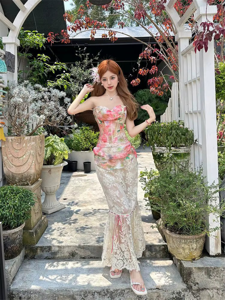 Elegant Mesh Floral Corset Top and Lace Midi Skirt Two Piece Set