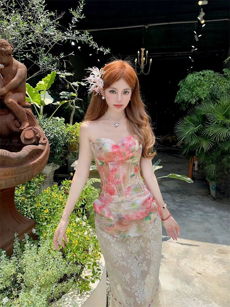 Elegant Mesh Floral Corset Top and Lace Midi Skirt Two Piece Set
