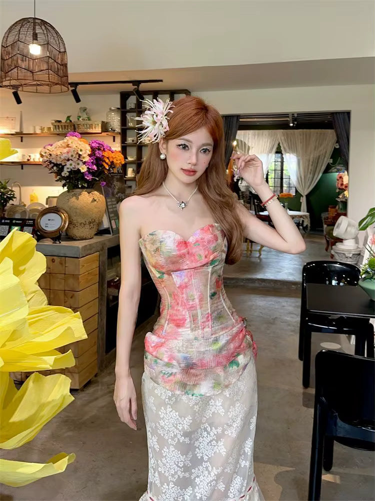 Elegant Mesh Floral Corset Top and Lace Midi Skirt Two Piece Set