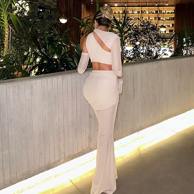 Elegant Mesh Patchwork Cutout Crop Top And Flare Pants 2 Piece Sets