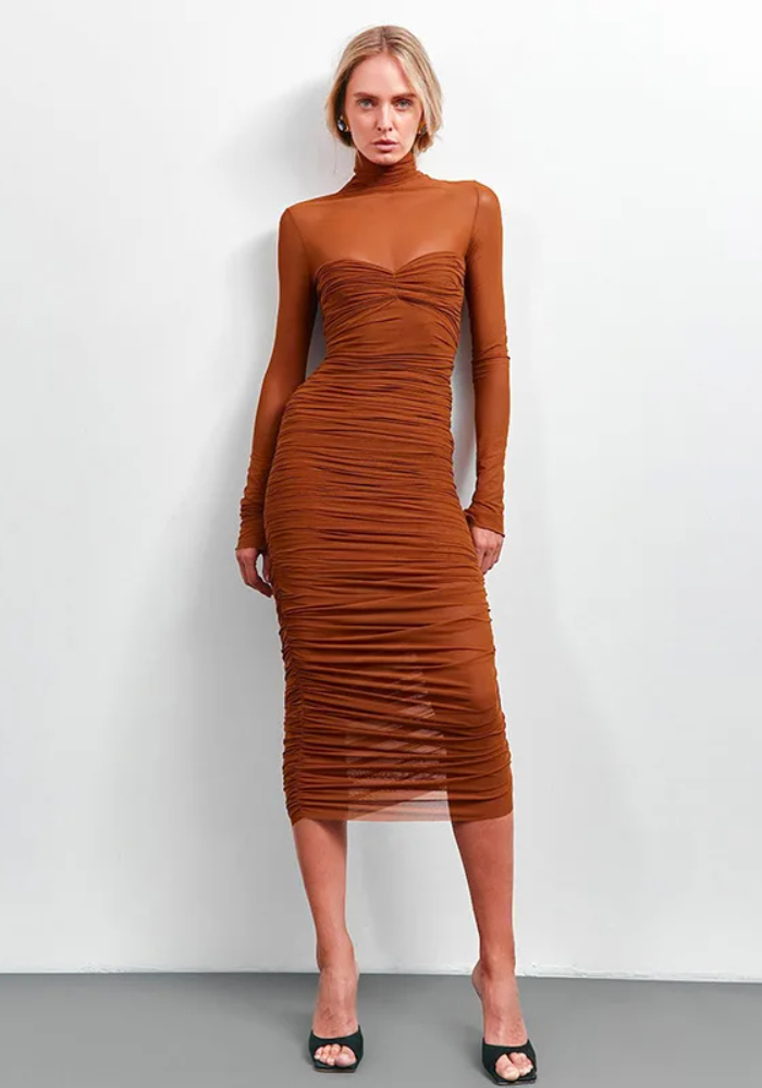 Elegant Mesh Patchwork Elastic Solid High Neck Long Sleeve Dress