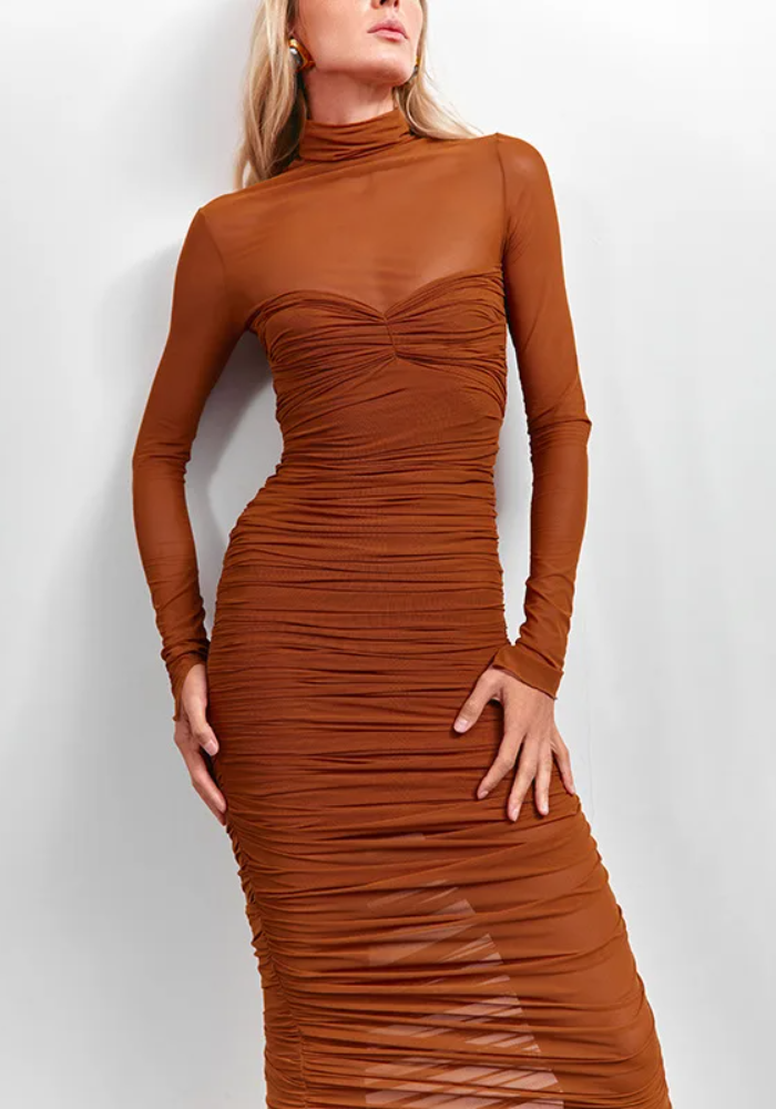 Elegant Mesh Patchwork Elastic Solid High Neck Long Sleeve Dress