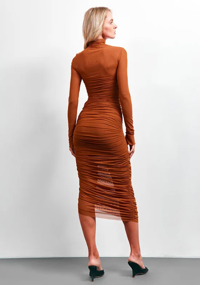 Elegant Mesh Patchwork Elastic Solid High Neck Long Sleeve Dress