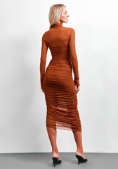 Elegant Mesh Patchwork Elastic Solid High Neck Long Sleeve Dress