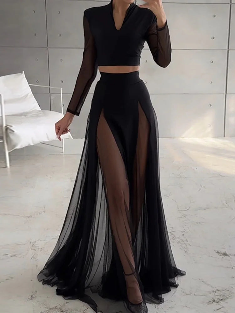 Elegant Mesh Patchwork Elastic Waist Chic Holiday Skirts Sets