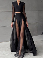 Elegant Mesh Patchwork Elastic Waist Chic Holiday Skirts Sets