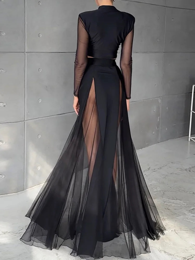 Elegant Mesh Patchwork Elastic Waist Chic Holiday Skirts Sets