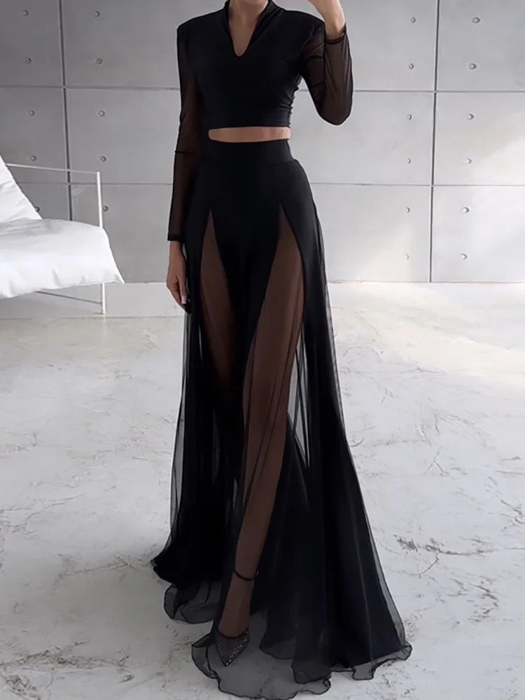 Elegant Mesh Patchwork Elastic Waist Chic Holiday Skirts Sets