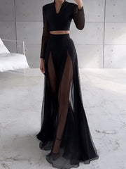 Elegant Mesh Patchwork Elastic Waist Chic Holiday Skirts Sets