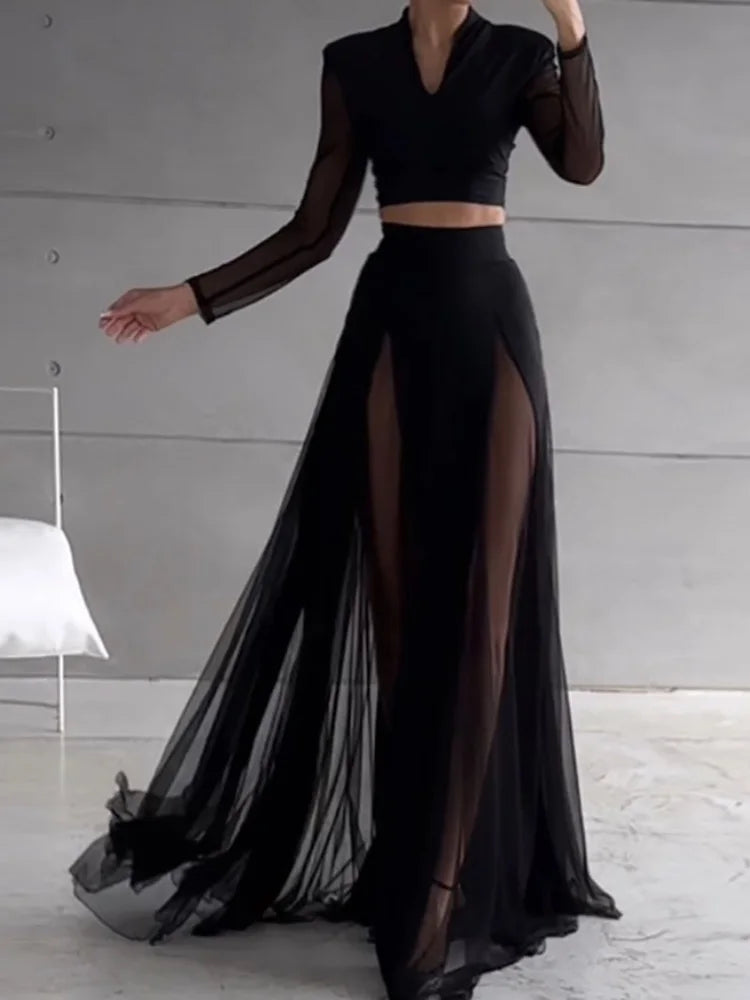 Elegant Mesh Patchwork Elastic Waist Chic Holiday Skirts Sets
