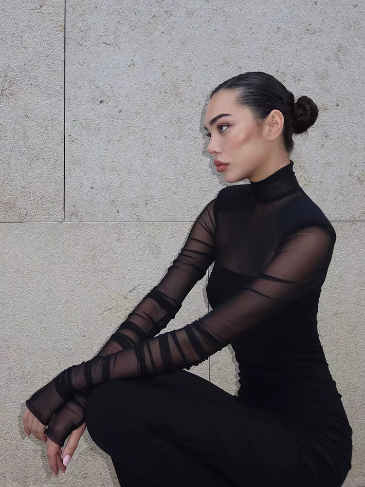 Elegant Mesh Patchwork Full Sleeve See Through Turtle Neck Maxi Dress