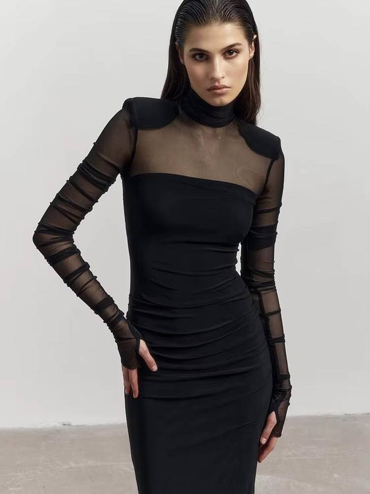 Elegant Mesh Patchwork Full Sleeve See Through Turtle Neck Maxi Dress
