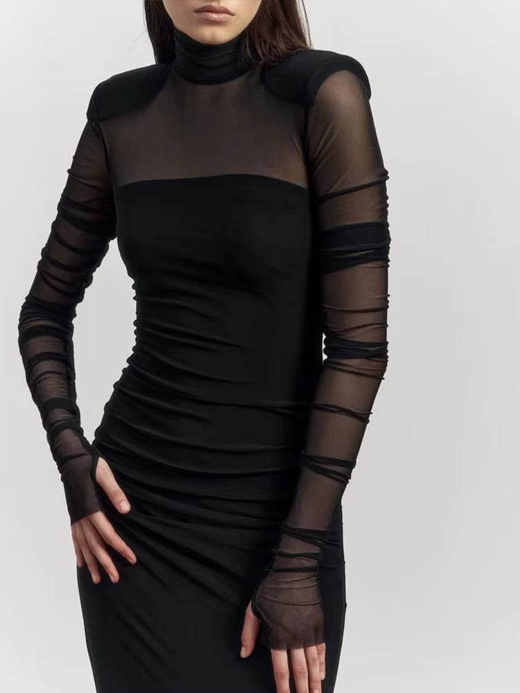 Elegant Mesh Patchwork Full Sleeve See Through Turtle Neck Maxi Dress