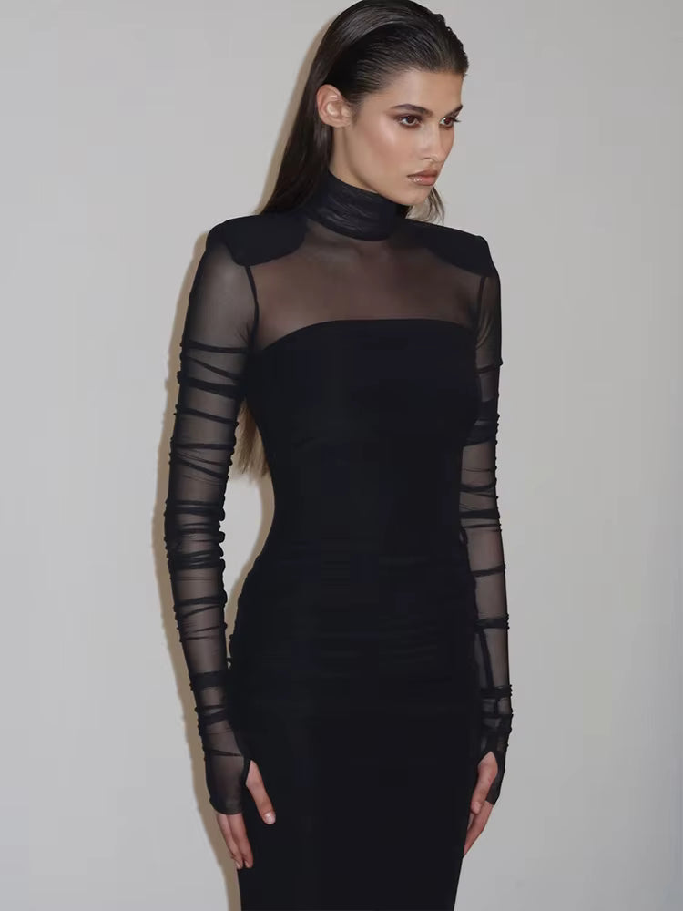 Elegant Mesh Patchwork Full Sleeve See Through Turtle Neck Maxi Dress