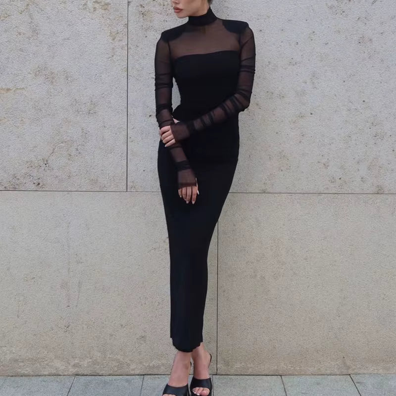 Elegant Mesh Patchwork Full Sleeve See Through Turtle Neck Maxi Dress