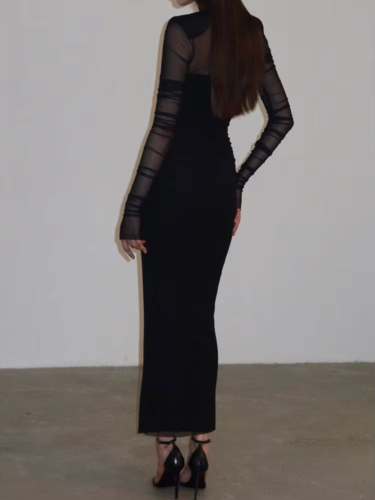 Elegant Mesh Patchwork Full Sleeve See Through Turtle Neck Maxi Dress