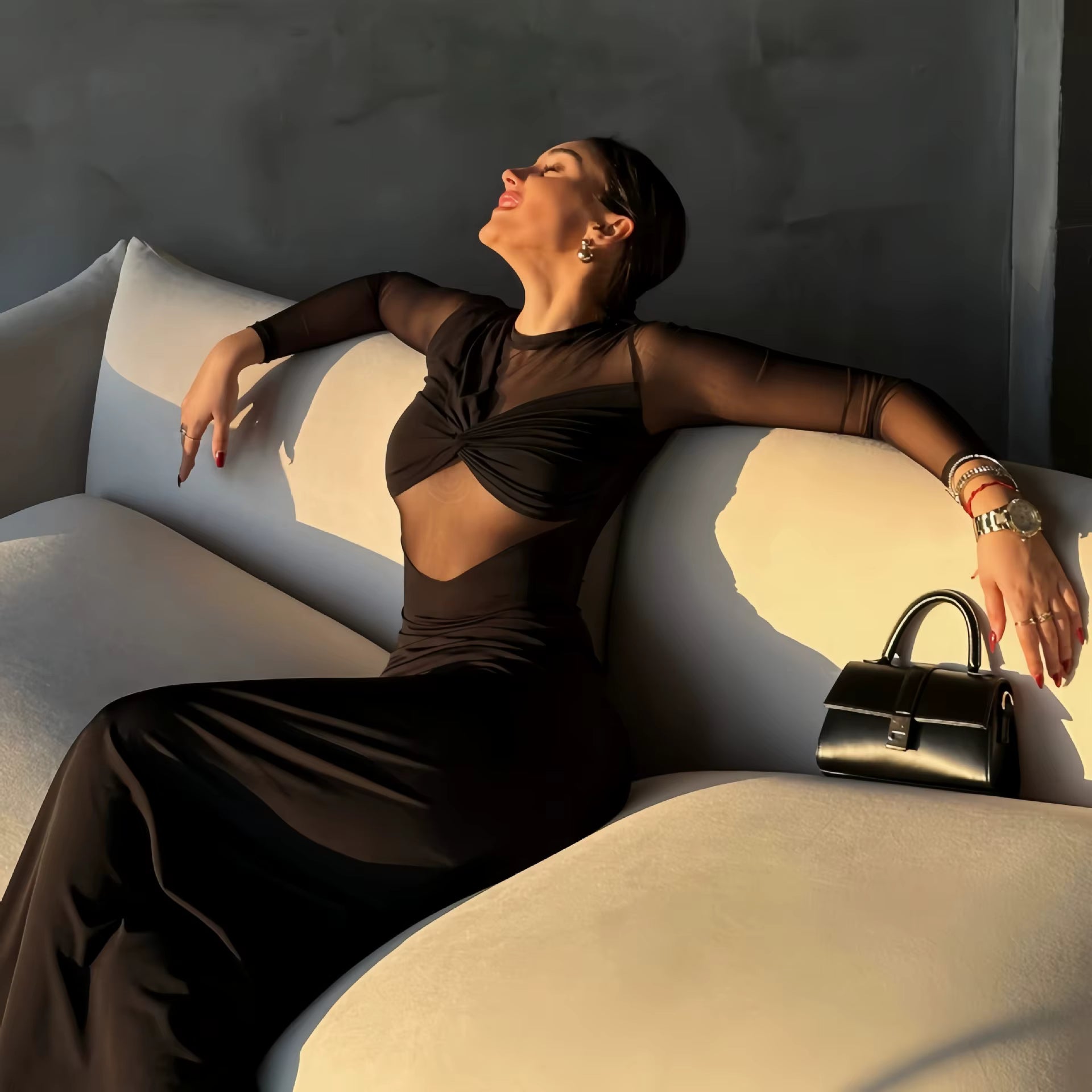 Elegant Mesh Patchwork Long Sleeve Bodycon Ankle-length Maxi Dress
