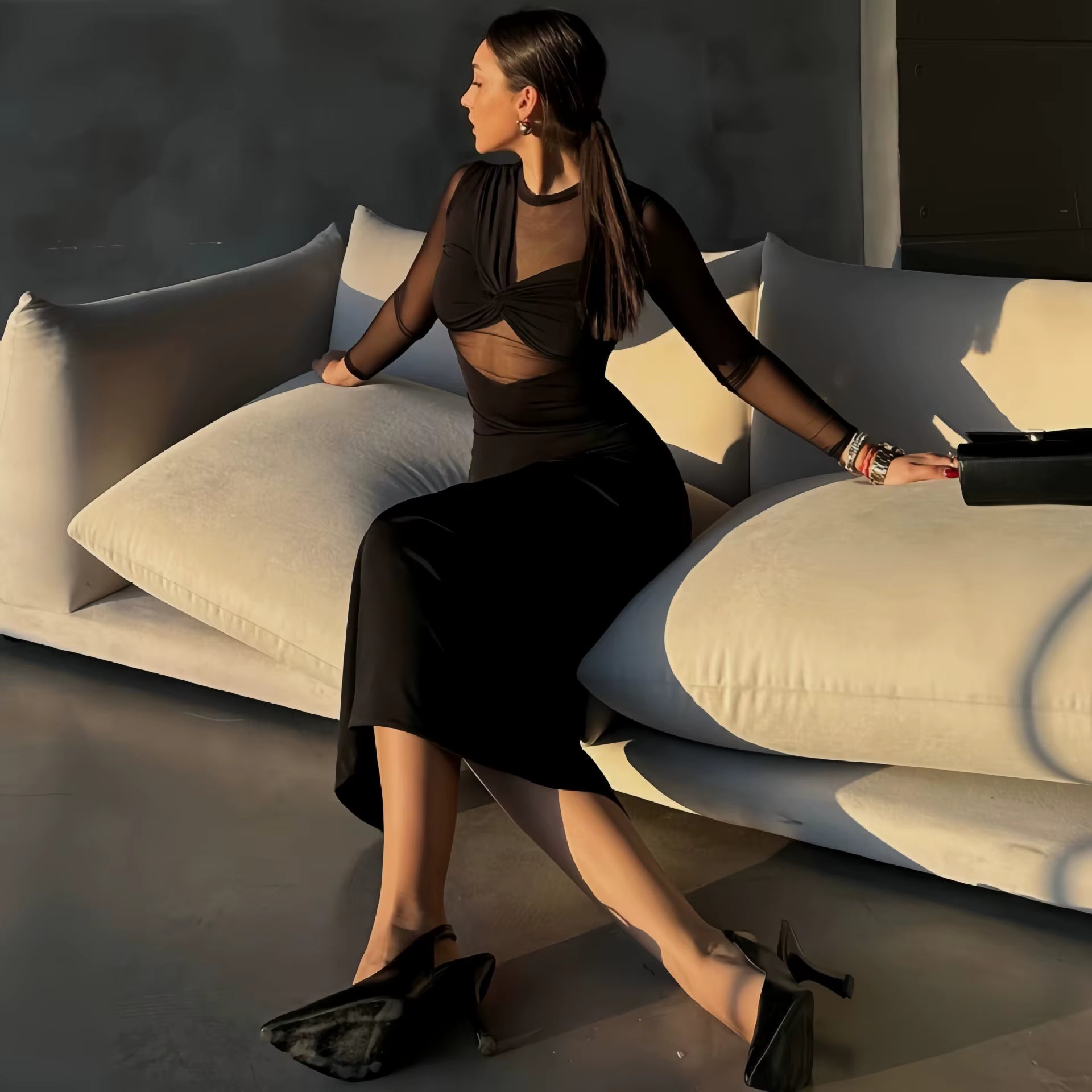 Elegant Mesh Patchwork Long Sleeve Bodycon Ankle-length Maxi Dress