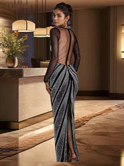 Elegant Mesh See Through Long Sleeve Diamonds O-neck Mermaid Maxi Dress