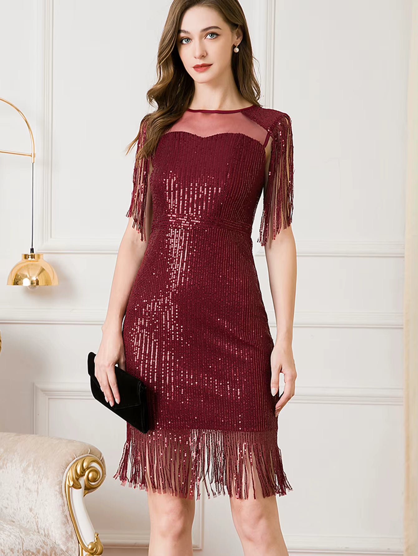 Elegant Mesh Through Natural Fiber Sequin Short Dresses