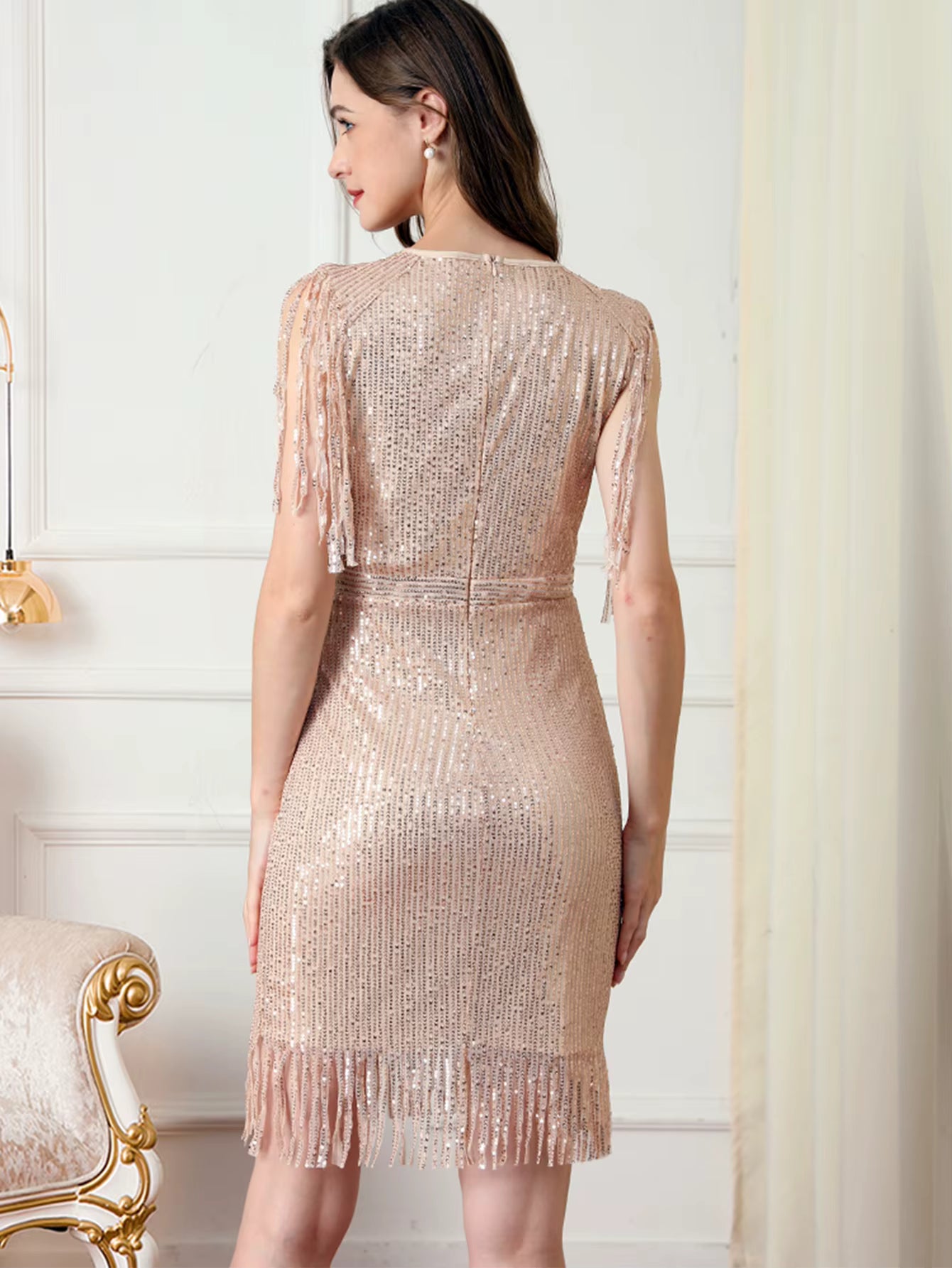 Elegant Mesh Through Natural Fiber Sequin Short Dresses