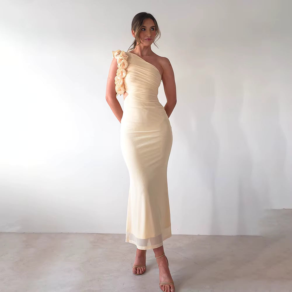 Elegant Mesh Wrap Hip Slant Shoulder Flower Sleeveless Dress