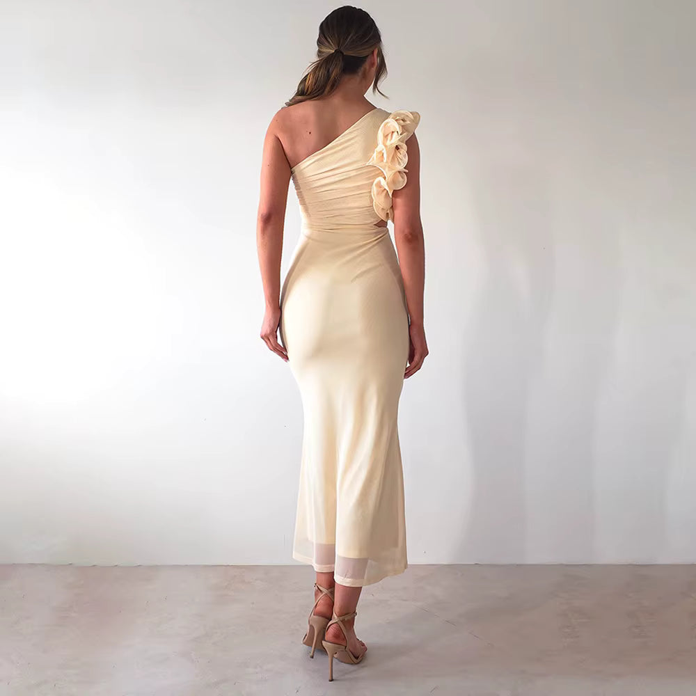 Elegant Mesh Wrap Hip Slant Shoulder Flower Sleeveless Dress
