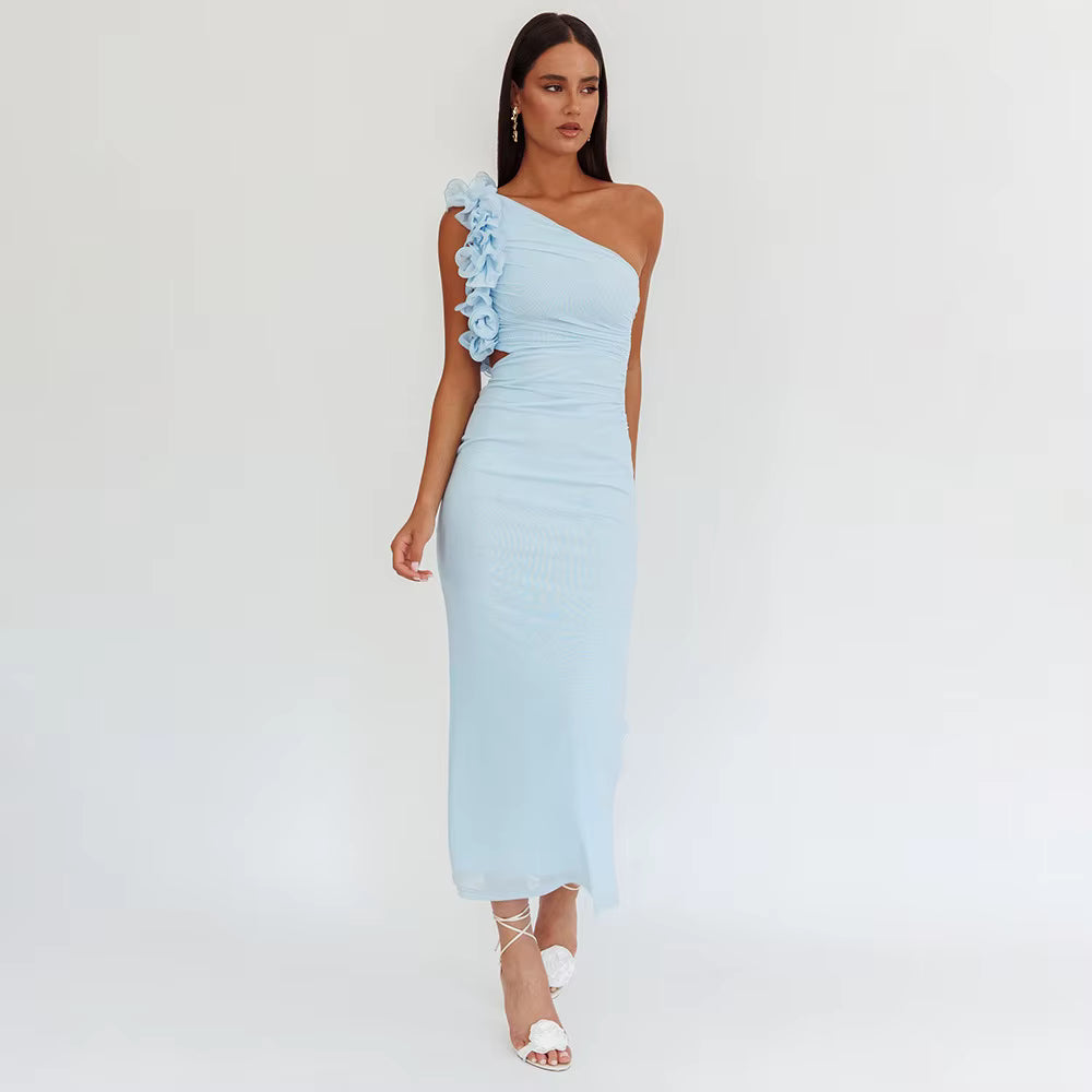 Elegant Mesh Wrap Hip Slant Shoulder Flower Sleeveless Dress