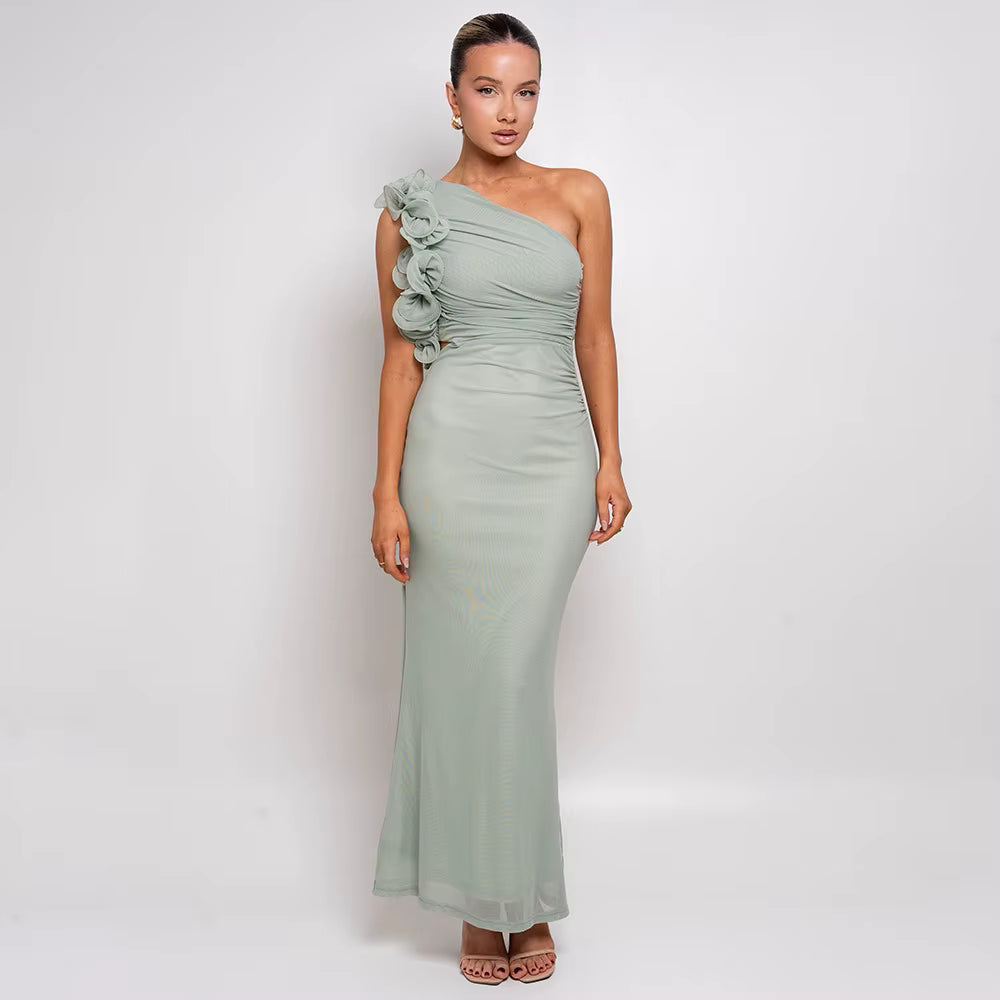 Elegant Mesh Wrap Hip Slant Shoulder Flower Sleeveless Dress