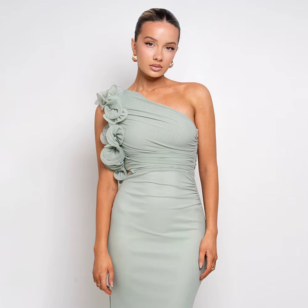 Elegant Mesh Wrap Hip Slant Shoulder Flower Sleeveless Dress