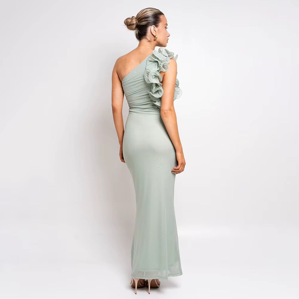 Elegant Mesh Wrap Hip Slant Shoulder Flower Sleeveless Dress