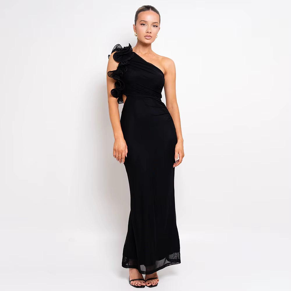 Elegant Mesh Wrap Hip Slant Shoulder Flower Sleeveless Dress