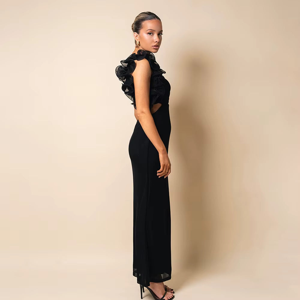 Elegant Mesh Wrap Hip Slant Shoulder Flower Sleeveless Dress