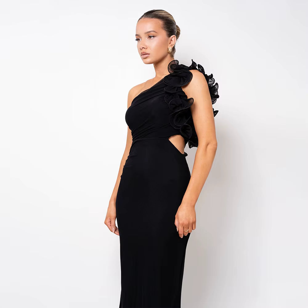 Elegant Mesh Wrap Hip Slant Shoulder Flower Sleeveless Dress