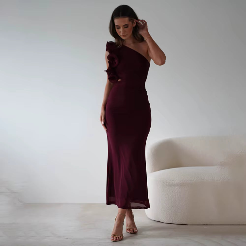 Elegant Mesh Wrap Hip Slant Shoulder Flower Sleeveless Dress