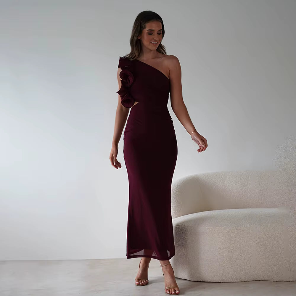 Elegant Mesh Wrap Hip Slant Shoulder Flower Sleeveless Dress