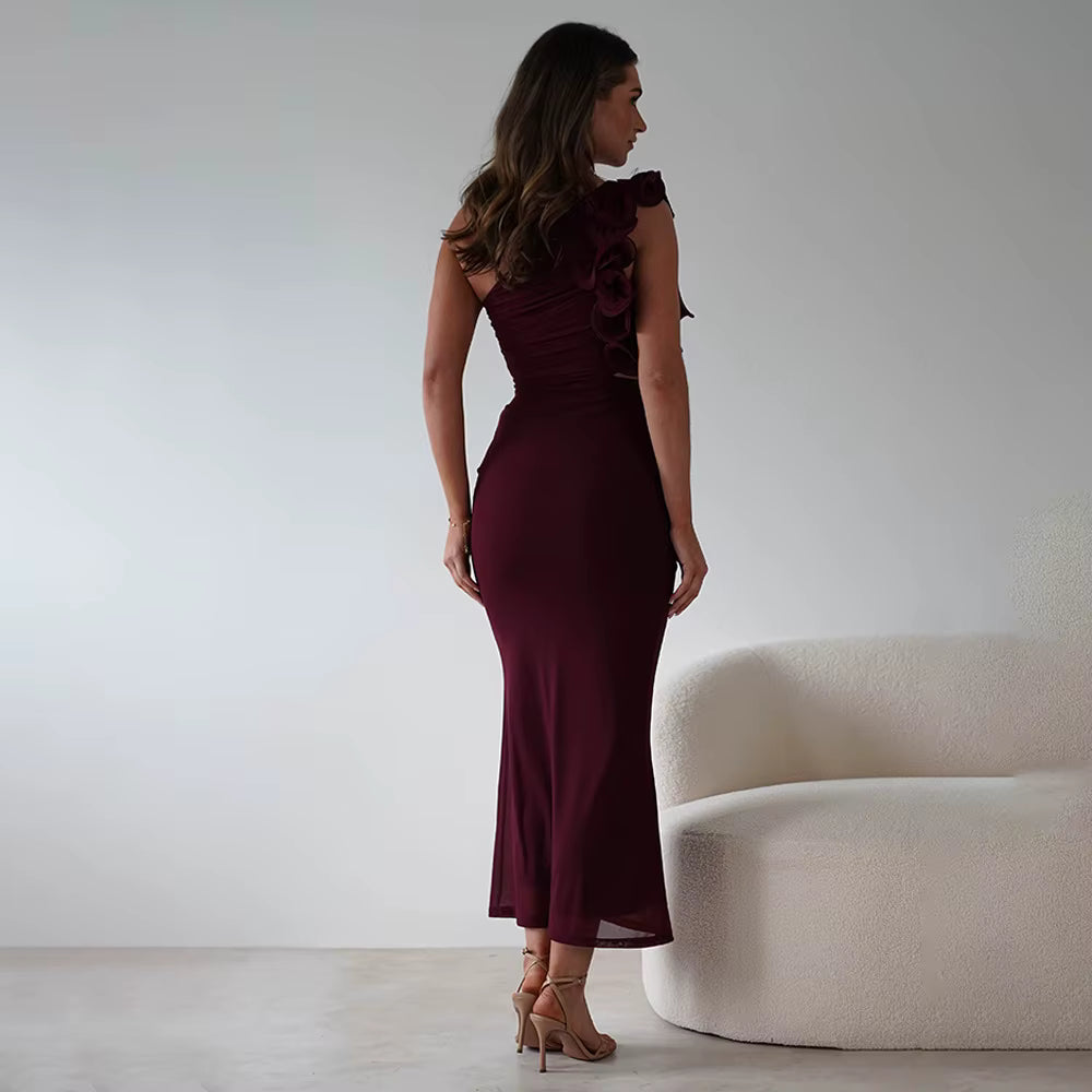 Elegant Mesh Wrap Hip Slant Shoulder Flower Sleeveless Dress