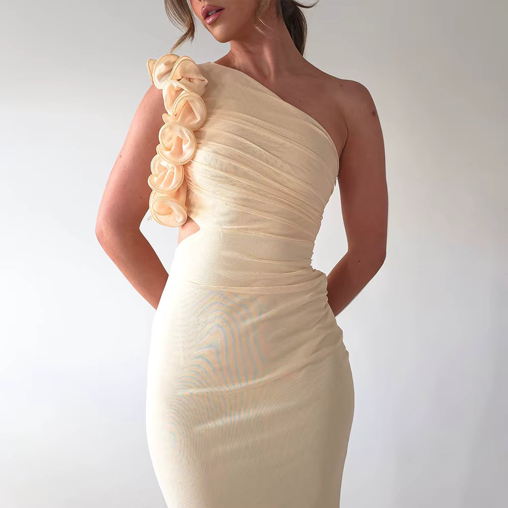 Elegant Mesh Wrap Hip Slant Shoulder Flower Sleeveless Dress