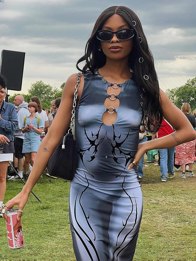 Elegant Metal Buckle Ankle-Length Tight Stretch Long Bodycon Dress