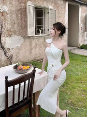 Elegant Metal Corset Scarf Neck Split Fit Shirring Bodycon Maxi Dress