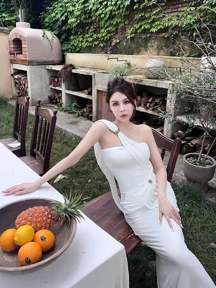 Elegant Metal Corset Scarf Neck Split Fit Shirring Bodycon Maxi Dress