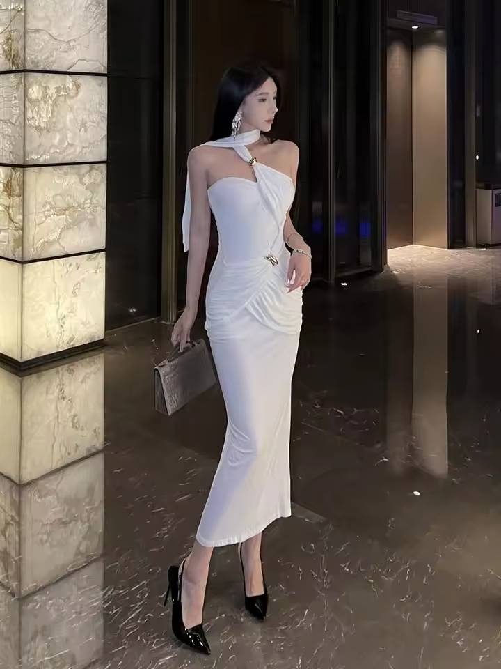 Elegant Metal Corset Scarf Neck Split Fit Shirring Bodycon Maxi Dress